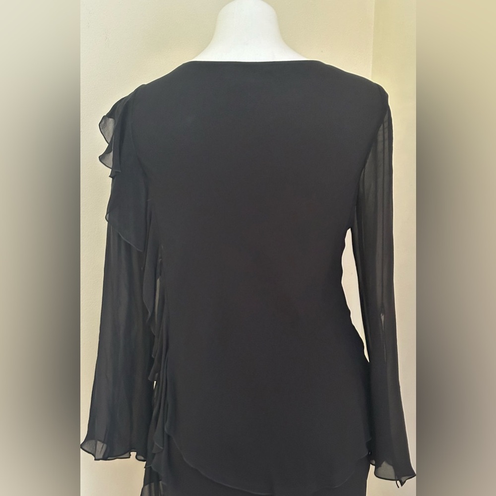 VINTAGE SILK Black, Sheer Ruffled, Asymmetrical Evening Dress Sz M - Picture 12 of 16